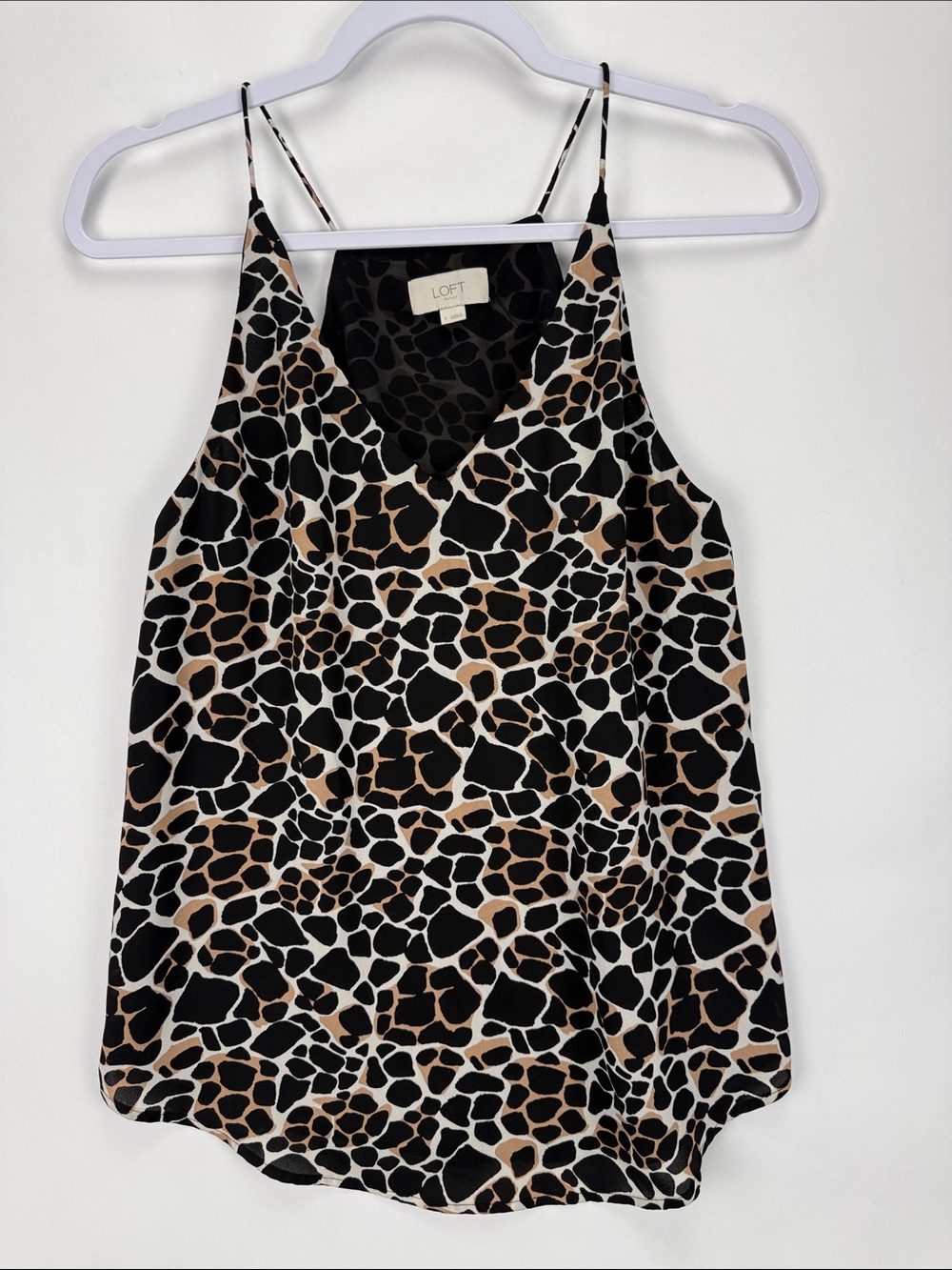LOFT Giraffe Print V-Neck Spaghetti Strap Cami in Black, Tan & White Size Small